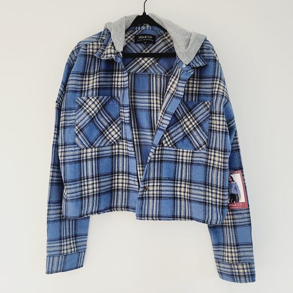 Boutique Blue & Gray Plaid Cropped Hooded Jacket Shacket Button Down Size Medium - Picture 2 of 4